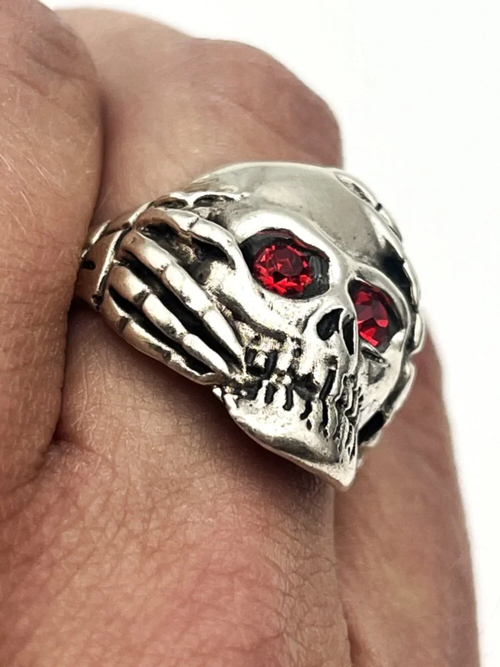 925 Silver Men's Gothic Skull Ring w/ Red Crystal Eyes & Skeleton Hands - Sz. 12